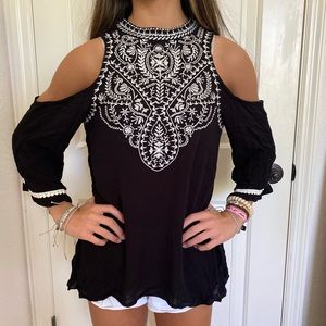 Black/Cream Embroidered Blouse - XS